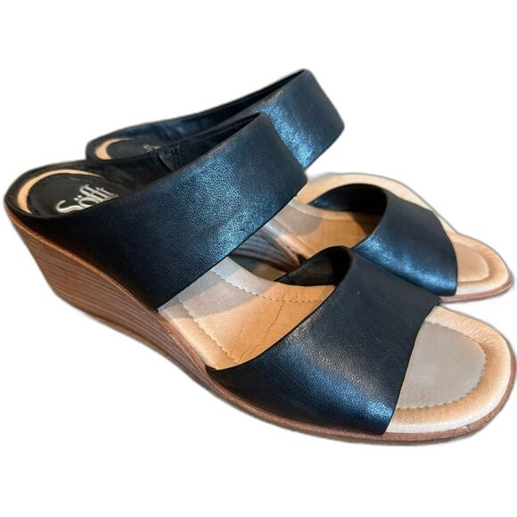 Sofft Ginetta Black Leather Wedge Heel Sandals Size 9 - Picture 1 of 7